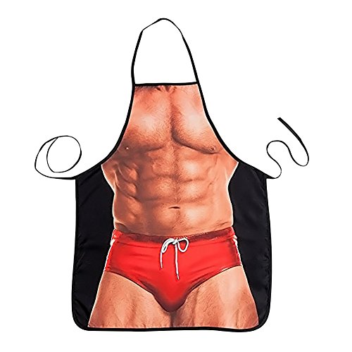 HAKSEN Cooking Kitchen Aprons for Women Men Chef, Funny Apron, Red Swim Trunks Man