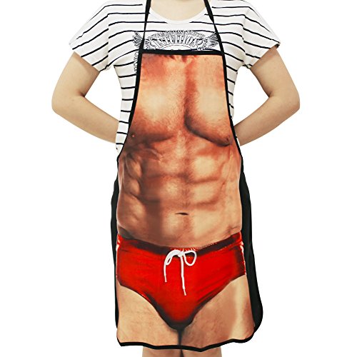 HAKSEN Cooking Kitchen Aprons for Women Men Chef, Funny Apron, Red Swim Trunks Man