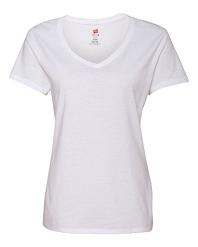 Hanes Womens 4.5 Oz., 100% Ringspun Cotton Nano-T V-Neck T-Shirt (S04V)- White,Large