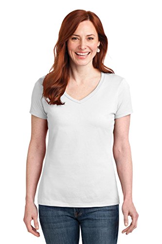 Hanes Womens 4.5 Oz., 100% Ringspun Cotton Nano-T V-Neck T-Shirt (S04V)- White,Large