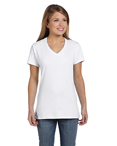 Hanes Womens 4.5 Oz., 100% Ringspun Cotton Nano-T V-Neck T-Shirt (S04V)- White,Large