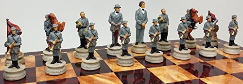 US American Civil War Generals Chess Set W/ 17" High Gloss Cherry & Burlwood Color Storage Board