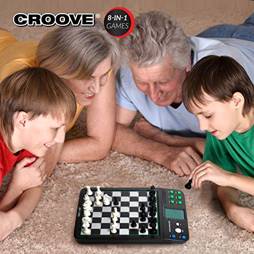 Croove Electronic Chess and Checkers Set with 8-in-1 Board Games, for Kids to Learn and Play