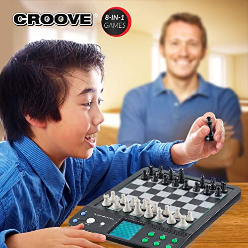 Croove Electronic Chess and Checkers Set with 8-in-1 Board Games, for Kids to Learn and Play