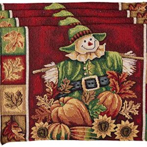 Violet Linen Fall Harvest Thanksgiving Autumn Leaves Sunflowers Fruits Pumpkins Tapestry Pattern, Polyester Cotton Woven Tapestry, Scarecrow, 13 X 19, Rectangler Set of 4, Decorative Place Mats