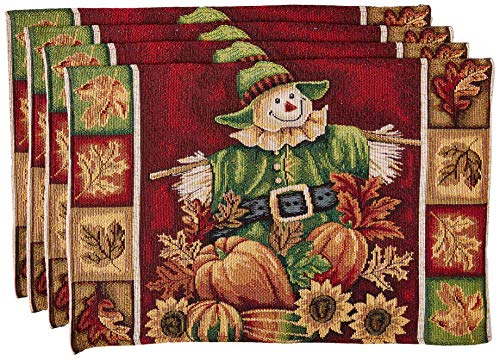 Violet Linen Fall Harvest Thanksgiving Autumn Leaves Sunflowers Fruits Pumpkins Tapestry Pattern, Polyester Cotton Woven Tapestry, Scarecrow, 13 X 19, Rectangler Set of 4, Decorative Place Mats