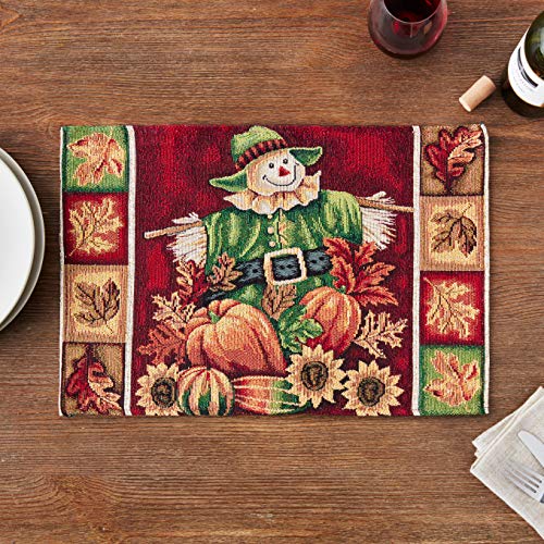 Violet Linen Fall Harvest Thanksgiving Autumn Leaves Sunflowers Fruits Pumpkins Tapestry Pattern, Polyester Cotton Woven Tapestry, Scarecrow, 13 X 19, Rectangler Set of 4, Decorative Place Mats