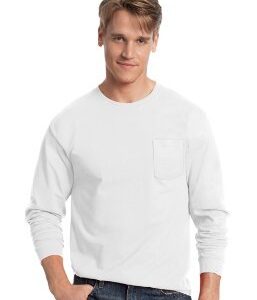 Hanes Tagless Men`s Long-Sleeve T-Shirt with Pocket White