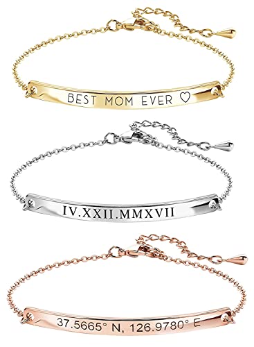 Gold Name Bar Engraved Bracelet Personalized Bracelets for Women Gift for Mom Her Handmade Friendship Bracelets Custom Anniversary Bridesmaid Wedding Gifts Jewelry Birthday Graduation Grandma -12BR