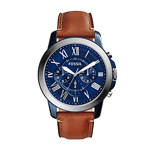 Fossil Men's Grant Quartz Stainless Steel and Leather Chronograph Watch, Color: Silver/Blue, Luggage (Model: FS5151)