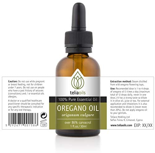 Teliaoils 100% Organic Oil of Oregano - Super Strength Over 86% Carvacrol - Premium Grade Wild Oregano Oil from The Mountains of Greece - Undiluted, Certified, Pure Oregano Essential Oil - 1 oz