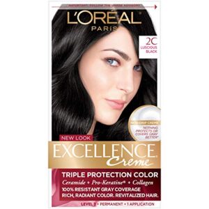 l'oreal paris excellence creme permanent hair color, 2c luscious black, 100 percent gray coverage hair dye, pack of 1