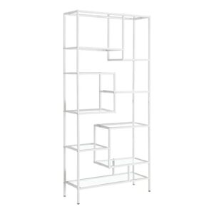 monarch specialties 7159 bookshelf, bookcase, etagere, office, bedroom, metal, tempered, contemporary, modern bookcase-72, 32" l x 12" w x 72" h, white/clear glass