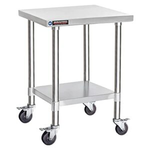 durasteel food prep stainless steel table - 24 x 24 inch metal table cart - commercial workbench with caster wheel - nsf certified - for restaurant, warehouse, home, kitchen, garage, chrome
