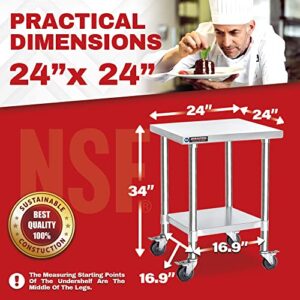 DuraSteel Food Prep Stainless Steel Table - 24 x 24 Inch Metal Table Cart - Commercial Workbench with Caster Wheel - NSF Certified - For Restaurant, Warehouse, Home, Kitchen, Garage, Chrome