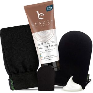 self tanning bundle - sunless tanning lotion best sellers with self tanning mitt, exfoliating glove and face tanner mitt, best self tanner for face and body kit for streak free, sunless tanner results