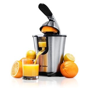 eurolux citrus juicer | powerful electric orange juicer with new and improved easy juicing technology | stainless steel orange juice squeezer with soft grip handle and lid for oranges of any size