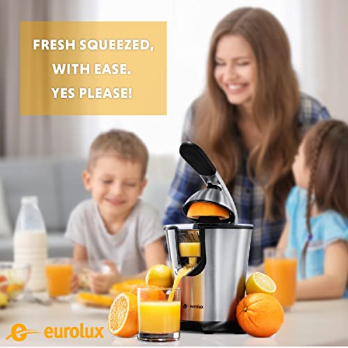 Eurolux Citrus Juicer | Powerful Electric Orange Juicer with New and Improved Easy Juicing Technology | Stainless Steel Orange Juice Squeezer with Soft Grip Handle and Lid for Oranges of any Size