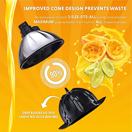 Eurolux Citrus Juicer | Powerful Electric Orange Juicer with New and Improved Easy Juicing Technology | Stainless Steel Orange Juice Squeezer with Soft Grip Handle and Lid for Oranges of any Size