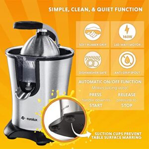 Eurolux Citrus Juicer | Powerful Electric Orange Juicer with New and Improved Easy Juicing Technology | Stainless Steel Orange Juice Squeezer with Soft Grip Handle and Lid for Oranges of any Size