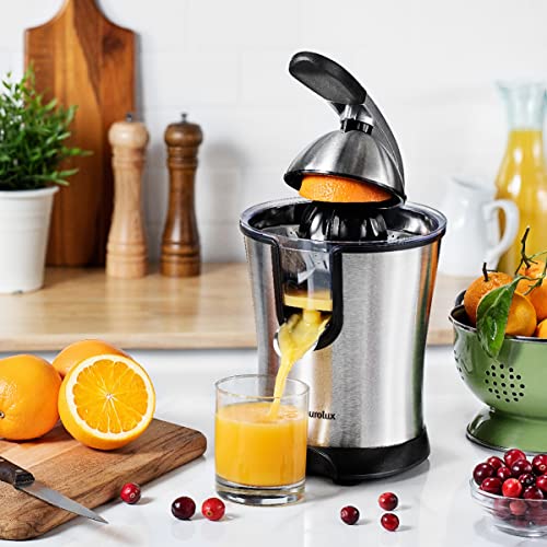 Eurolux Citrus Juicer | Powerful Electric Orange Juicer with New and Improved Easy Juicing Technology | Stainless Steel Orange Juice Squeezer with Soft Grip Handle and Lid for Oranges of any Size