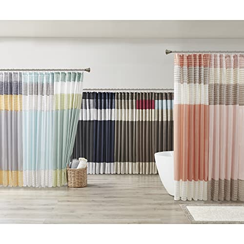 Madison Park Amherst Bathroom Shower Curtain Faux Silk Pieced Striped Modern Microfiber Bath Curtains, 72x72 Inches, Aqua