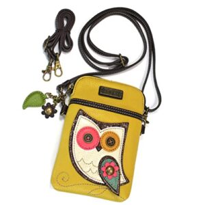 chala crossbody cell phone purse - women pu leather multicolor handbag with adjustable strap - owl - mustard yellow