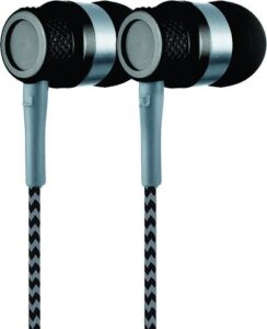 coby noise isolating metal wired earbuds| wired headphones w/tangle free braided wire |built-in microphone for ear buds| noise canceling headphones w/ 3.5mm aux| s/m/l comfort ear gels|black