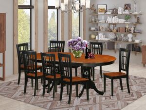 east west furniture plainville 9 piece set includes an oval dining room table with butterfly leaf and 8 wood seat chairs, 42x78 inch, black & cherry