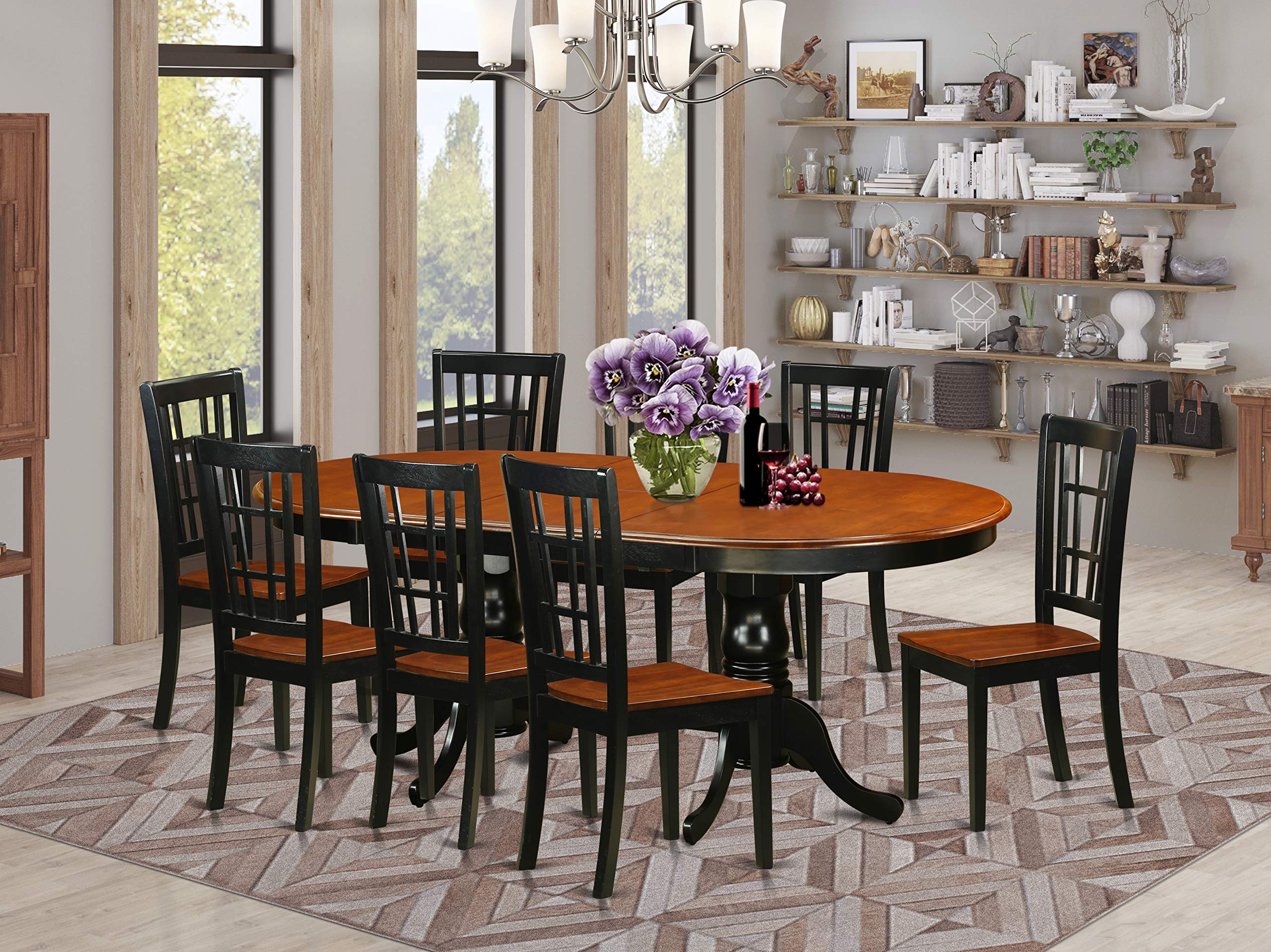 East West Furniture Plainville 9 Piece Set Includes an Oval Dining Room Table with Butterfly Leaf and 8 Wood Seat Chairs, 42x78 Inch, Black & Cherry