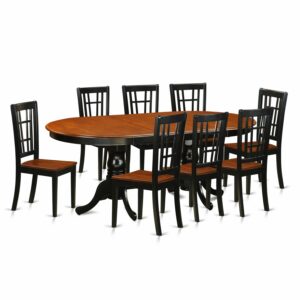 East West Furniture Plainville 9 Piece Set Includes an Oval Dining Room Table with Butterfly Leaf and 8 Wood Seat Chairs, 42x78 Inch, Black & Cherry