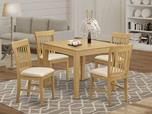 east west furniture oxford 3 piece kitchen table & chairs set contains a square room table and 2 linen fabric upholstered dining chairs, 36x36 inch, oak