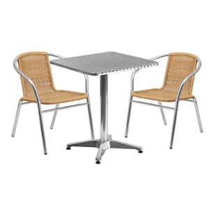 Flash Furniture Lila 23.5'' Square Aluminum Indoor-Outdoor Table Set with 2 Beige Rattan Chairs