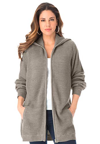 Roaman's Women's Plus Size Classic-Length Thermal Waffle Hoodie Zip Up Sweater - 3X, Medium Heather Grey Gray