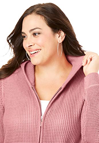 Roaman's Women's Plus Size Classic-Length Thermal Waffle Hoodie Zip Up Sweater - 3X, Medium Heather Grey Gray