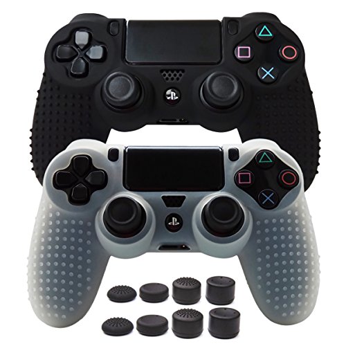 Pandaren Skin for PS4/PS4 Slim/PS4 Pro/PlayStation 4/Controller,PS4 Controller Cover,STUDDED Anti-slip Silicone Skin Set (controller skin x 2 + FPS PRO Thumb Grips x 8)(Black,White)