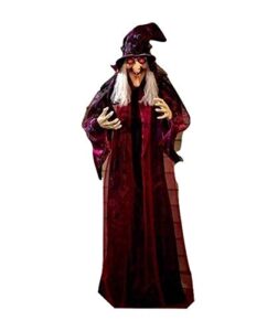 life size hanging talking witch - animated halloween witch with sound activation and red eyes for outdoor & indoor decor - old, spooky and scary flying animatronic witch for halloween decorations