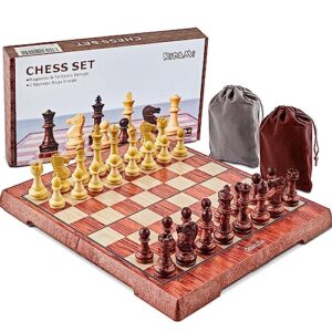 kidami magnetic travel chess set 12 inches folding chess board with 2 portable bags for pieces storage, gift for kids adults chess lovers and learners