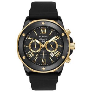 bulova men's marine star series a black and rose gold ion-plated stainless steel 6-hand chronograph quartz watch, black silicone strap style: 98b278