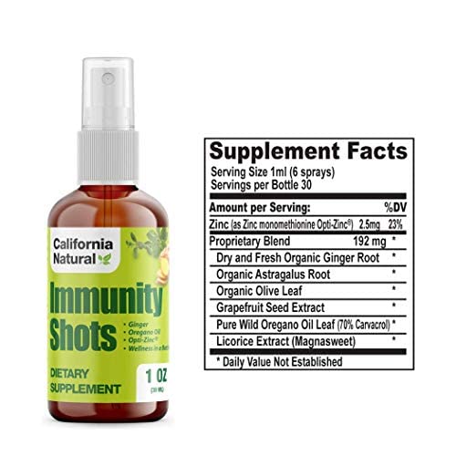 California Natural Immunity Shots 1oz Spray Opti-Zinc, Organic Ginger Root, Oregano Oil - Potent & Pure Immune System Booster - Immune System Support - 1oz