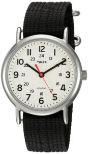 timex unisex twc027600 weekender 38mm cream/black nylon slip-thru strap watch