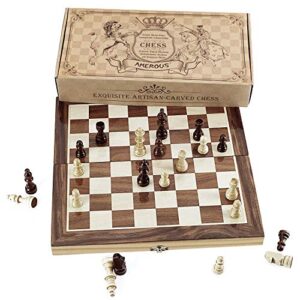 Amerous Chess Set, 12"x12" Folding Wooden Standard Travel International Chess Board Game Set with Magnetic Crafted Pieces