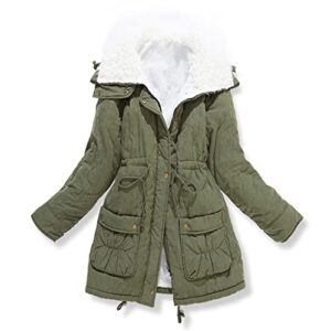 mewow women's winter mid length thick warm faux lamb wool lined jacket coat (m, armygreen)
