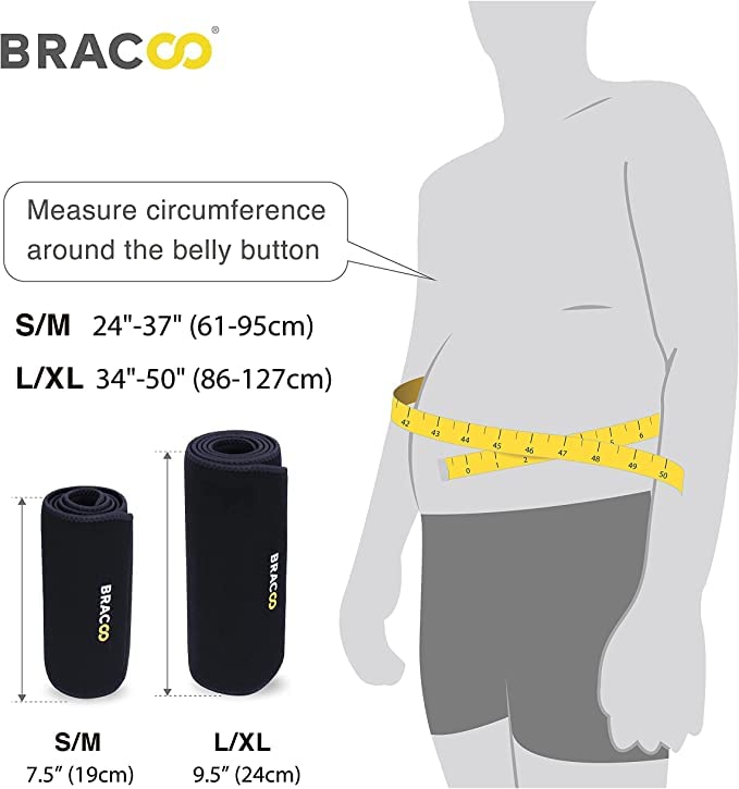 Bracoo Premium Waist Trimmer Wrap (Broad Coverage), Sweat Sauna Slim Belly Belt for Men and Women - Abdominal Waist Trainer, weight less, Increased Core Stability, Metabolic Rate, SE22, Black (L/XL)