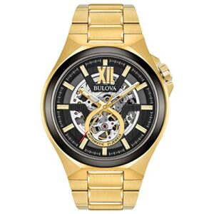 bulova men's classic maquina gold tone stainless steel 3-hand automatic watch, skeleton dial style: 98a178