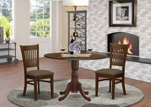 east west furniture dublin 3 piece kitchen table & chairs set contains a round dining room table with dropleaf and 2 linen fabric upholstered chairs, 42x42 inch, espresso