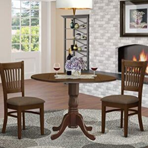 East West Furniture Dublin 3 Piece Kitchen Table & Chairs Set Contains a Round Dining Room Table with Dropleaf and 2 Linen Fabric Upholstered Chairs, 42x42 Inch, Espresso