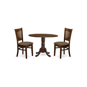 East West Furniture Dublin 3 Piece Kitchen Table & Chairs Set Contains a Round Dining Room Table with Dropleaf and 2 Linen Fabric Upholstered Chairs, 42x42 Inch, Espresso