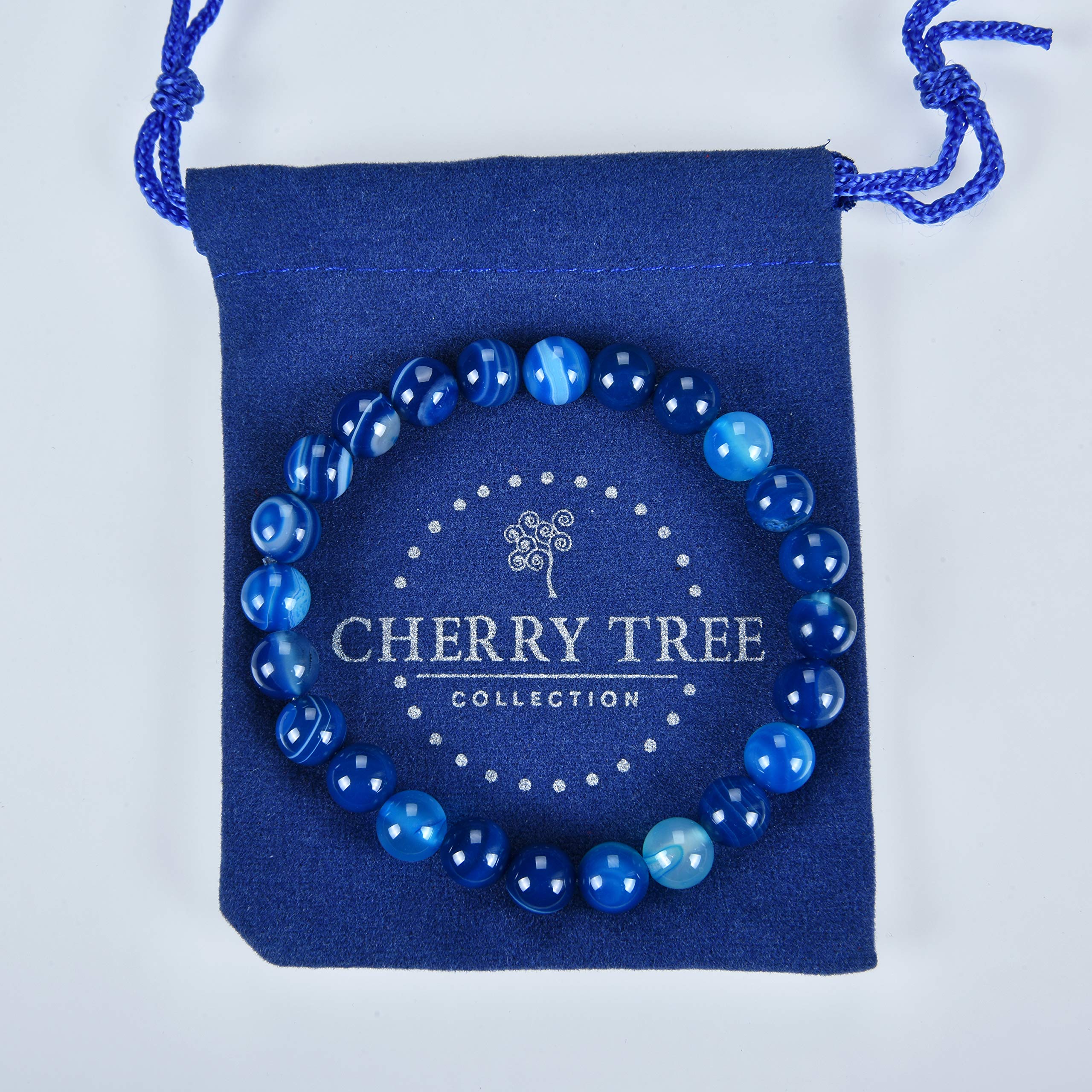 Cherry Tree Collection Semi Precious Gemstone Beaded Stretch Bracelet 8mm Round Beads 7" (Lace Agate - Blue)