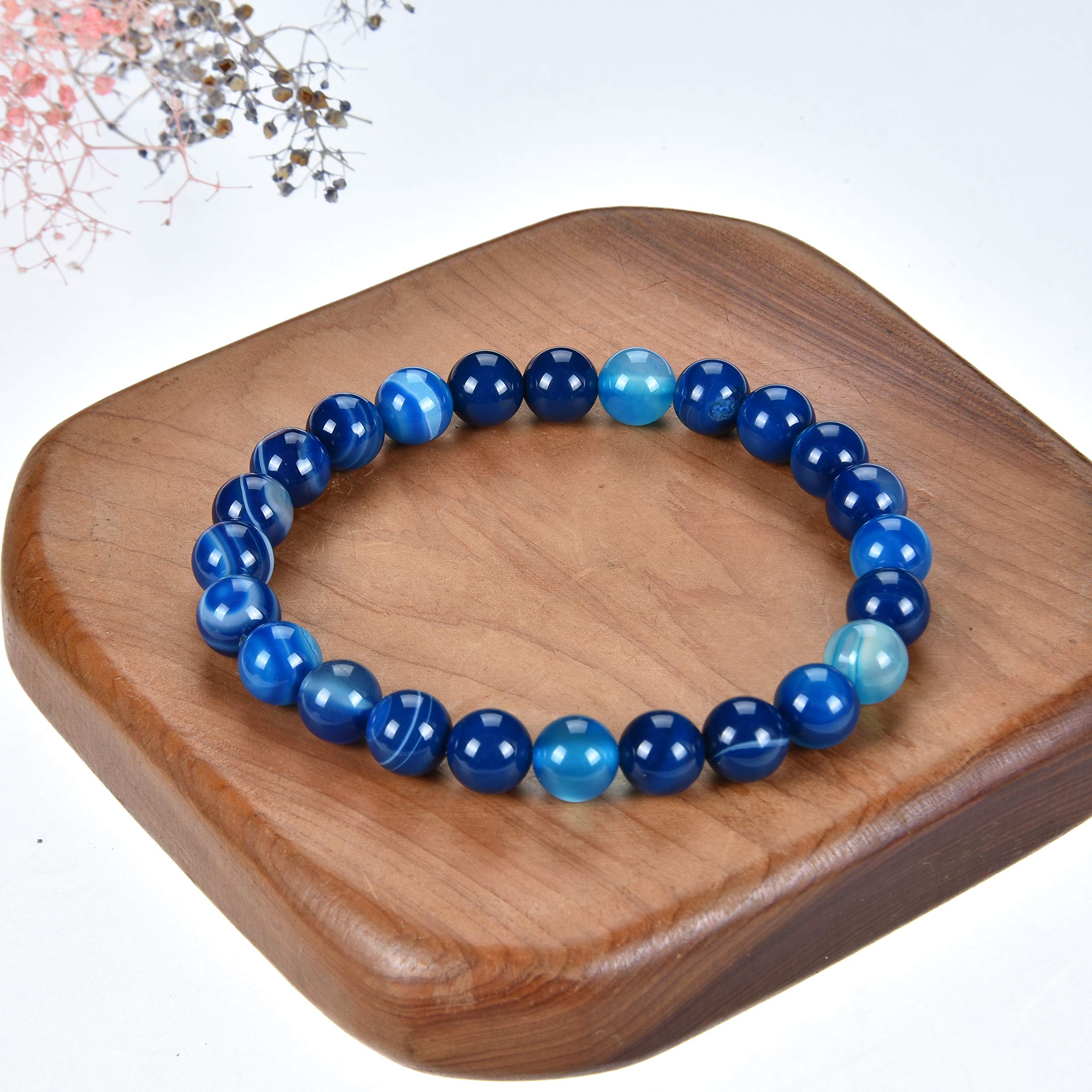 Cherry Tree Collection Semi Precious Gemstone Beaded Stretch Bracelet 8mm Round Beads 7" (Lace Agate - Blue)